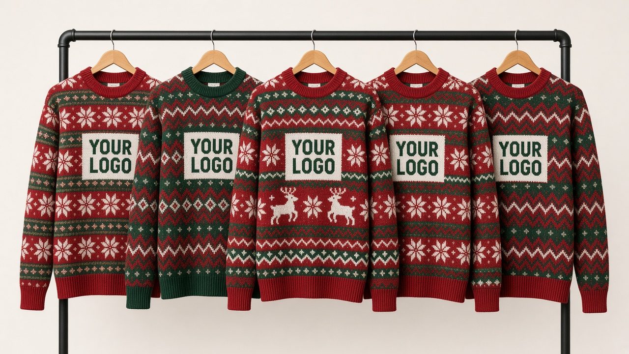 Five matching red and green Fair Isle Christmas sweaters on a rack, each with a YOUR LOGO patch